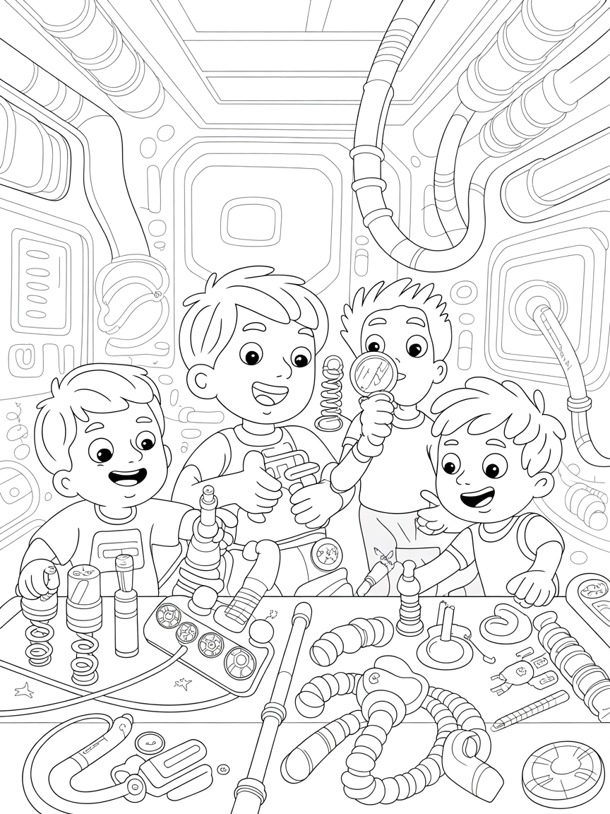 Children inventing gadgets in a futuristic workshop - Free Coloring Page