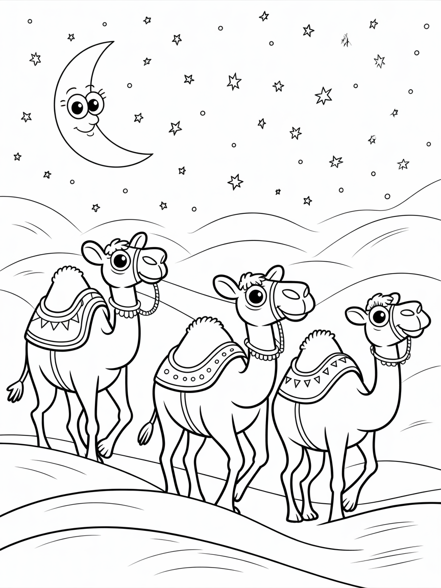 Camels trekking across the dunes under a starry night - Free Coloring Page