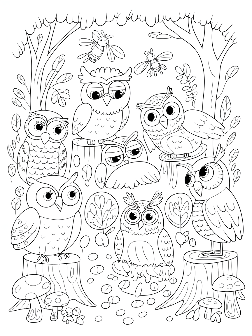 Owls hosting a nighttime storytelling circle in the woods - Free Coloring Page