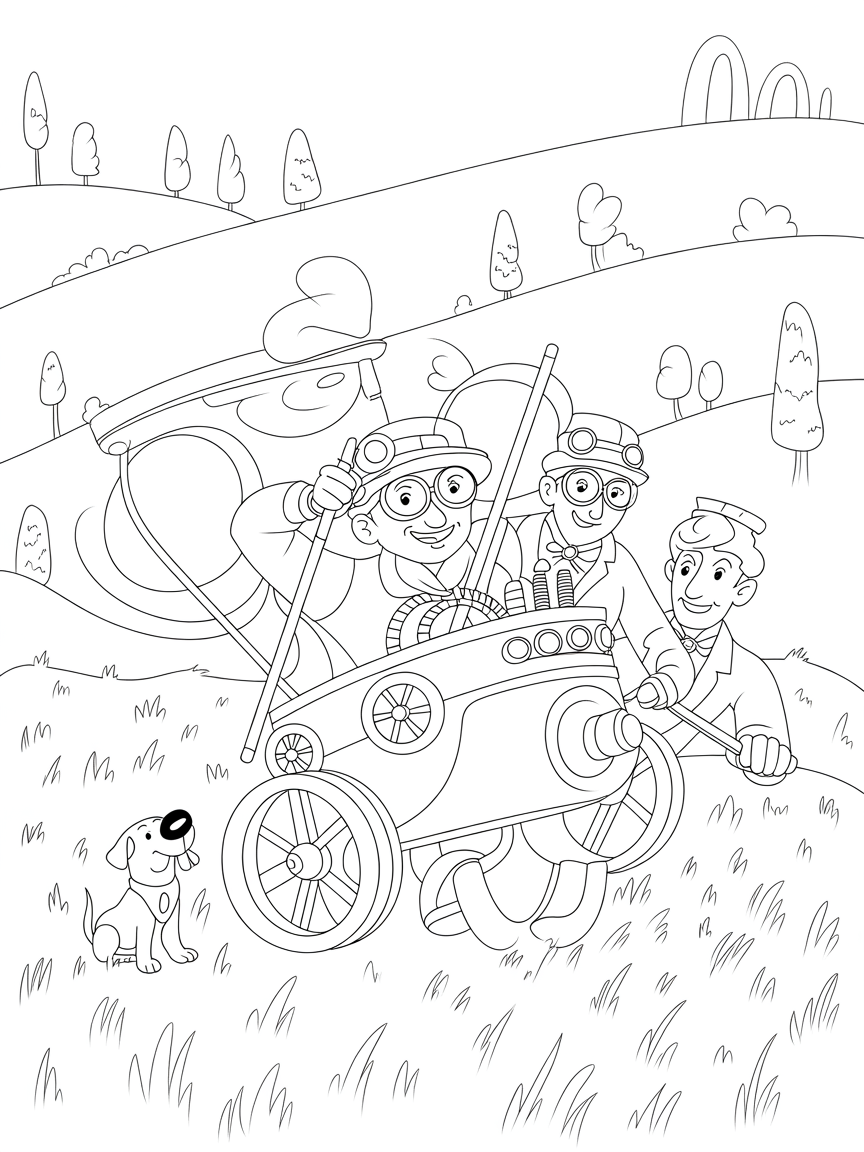 Victorian inventors testing a steam-powered flying machine - Free Coloring Page