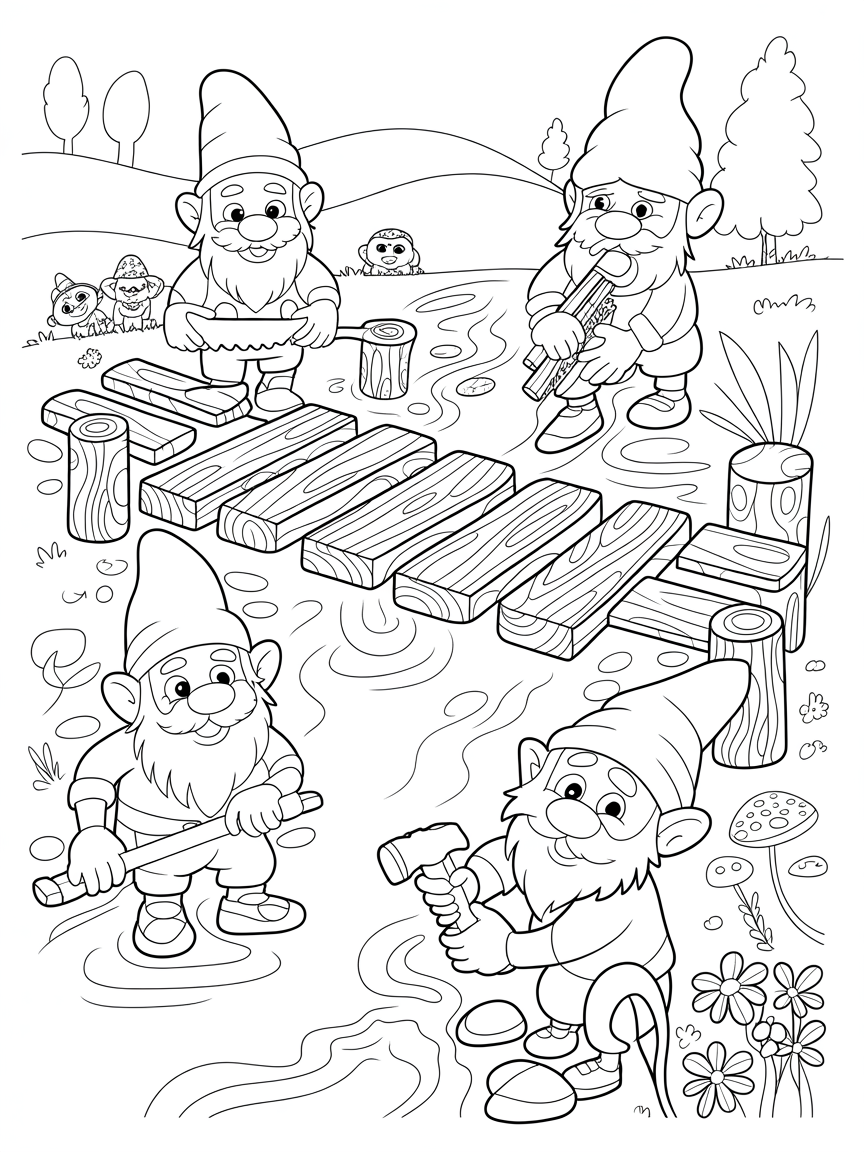 Forest gnomes building a bridge over a sparkling stream - Free Coloring Page