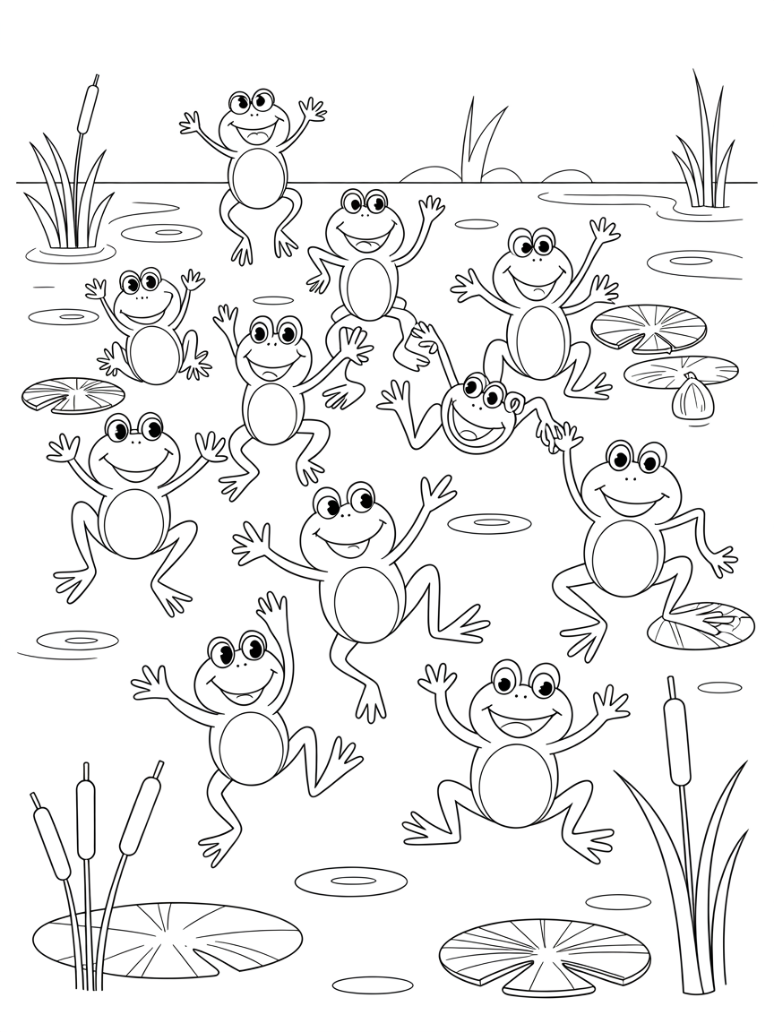 Frogs having a jumping contest in a pond - Free Coloring Page