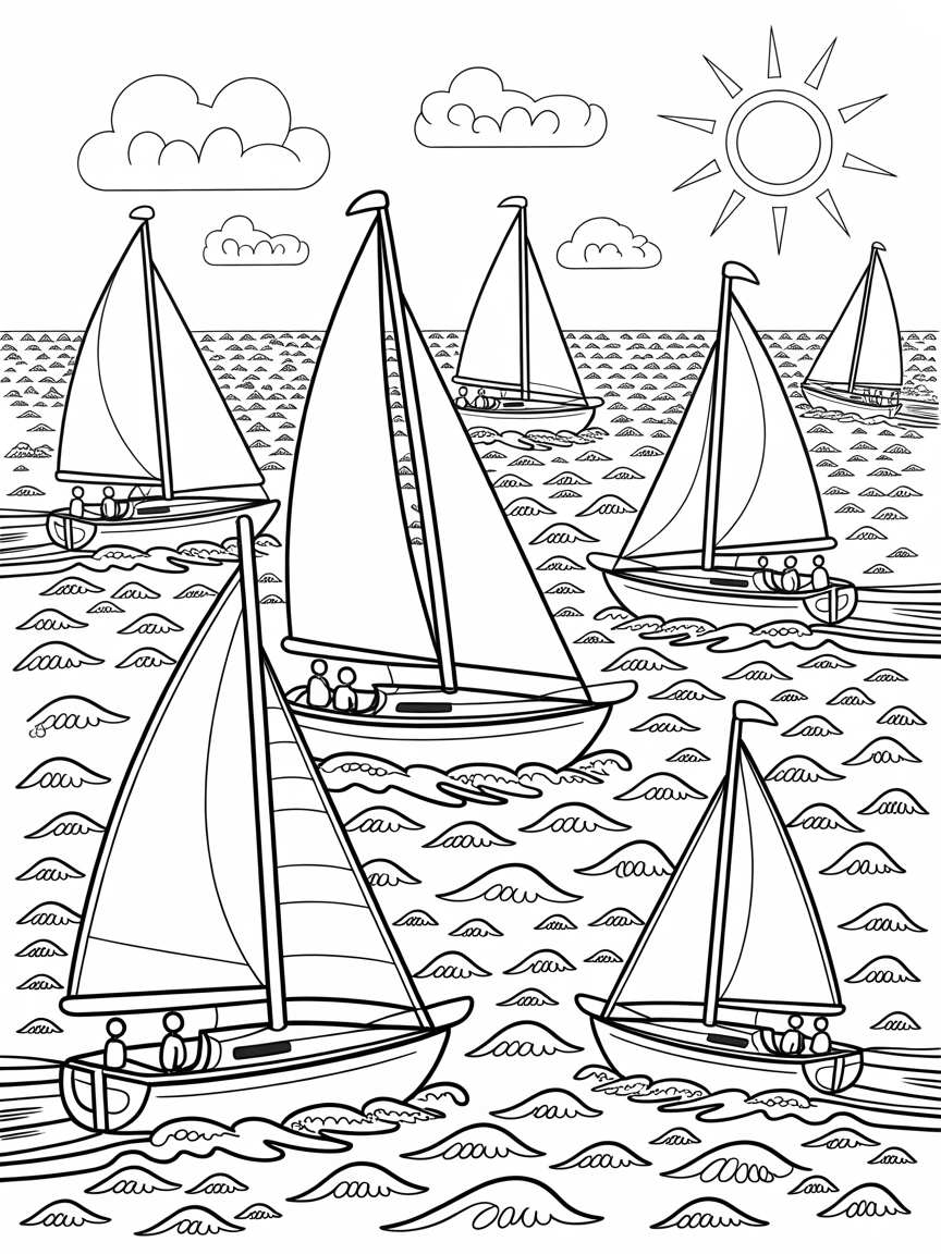 Sailing regatta on a windy ocean day - Free Coloring Page