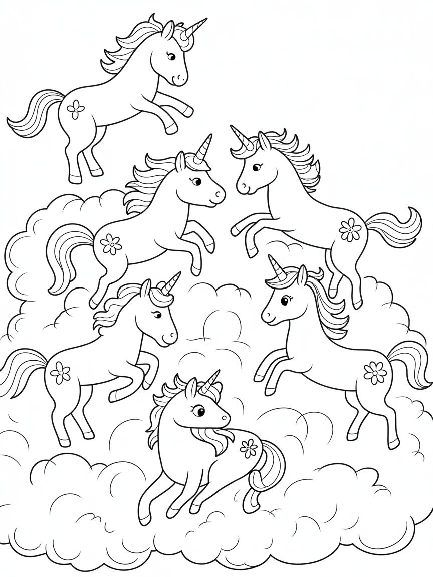 Magical unicorns playing in a cotton candy cloud - Free Coloring Page