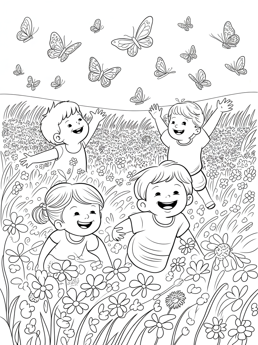 Children exploring a butterfly-filled meadow - Free Coloring Page