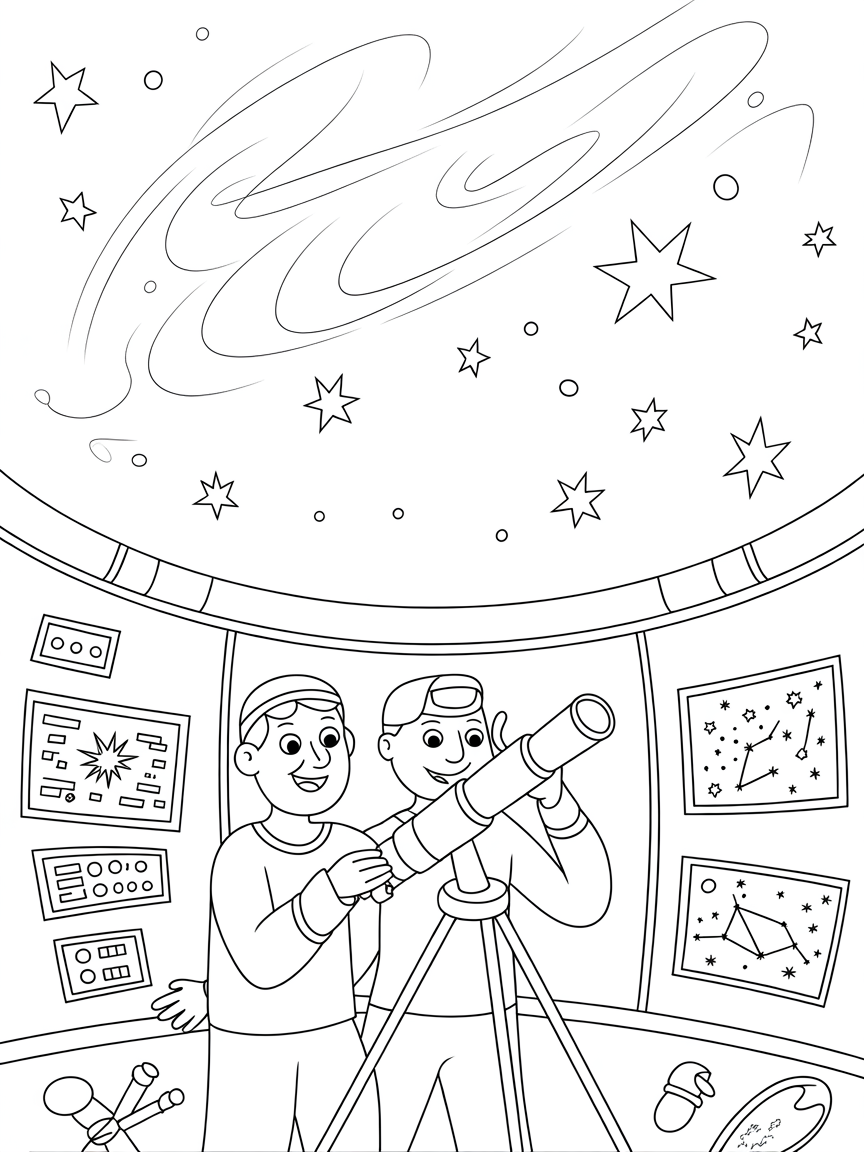 Astronomers mapping stars in an observatory - Free Coloring Page