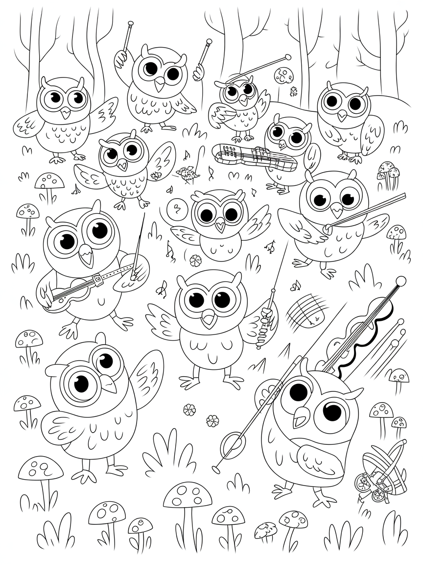 Owls conducting an orchestra in a moonlit forest - Free Coloring Page