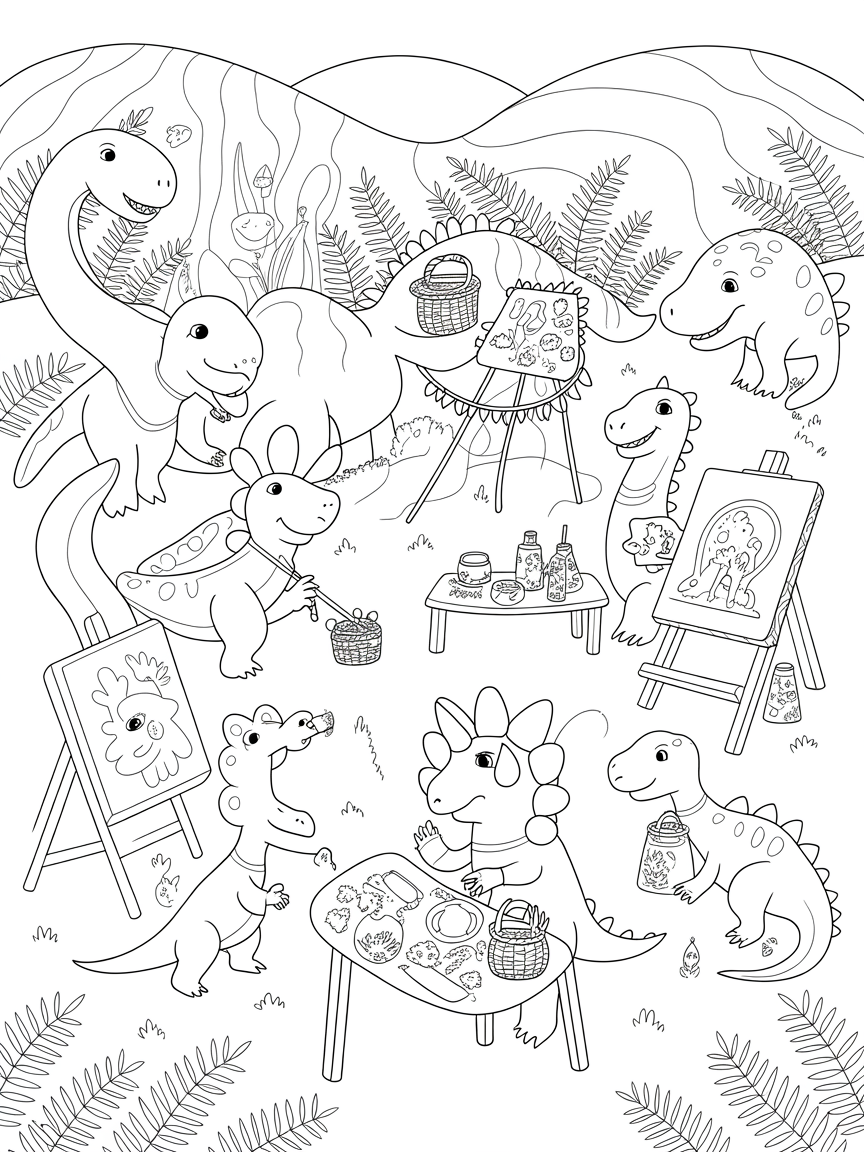 Dinosaurs hosting a prehistoric art festival - Free Coloring Page