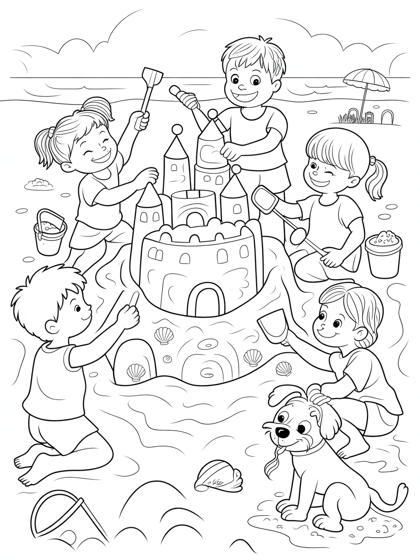 Children crafting a giant sand sculpture on the beach - Free Coloring Page