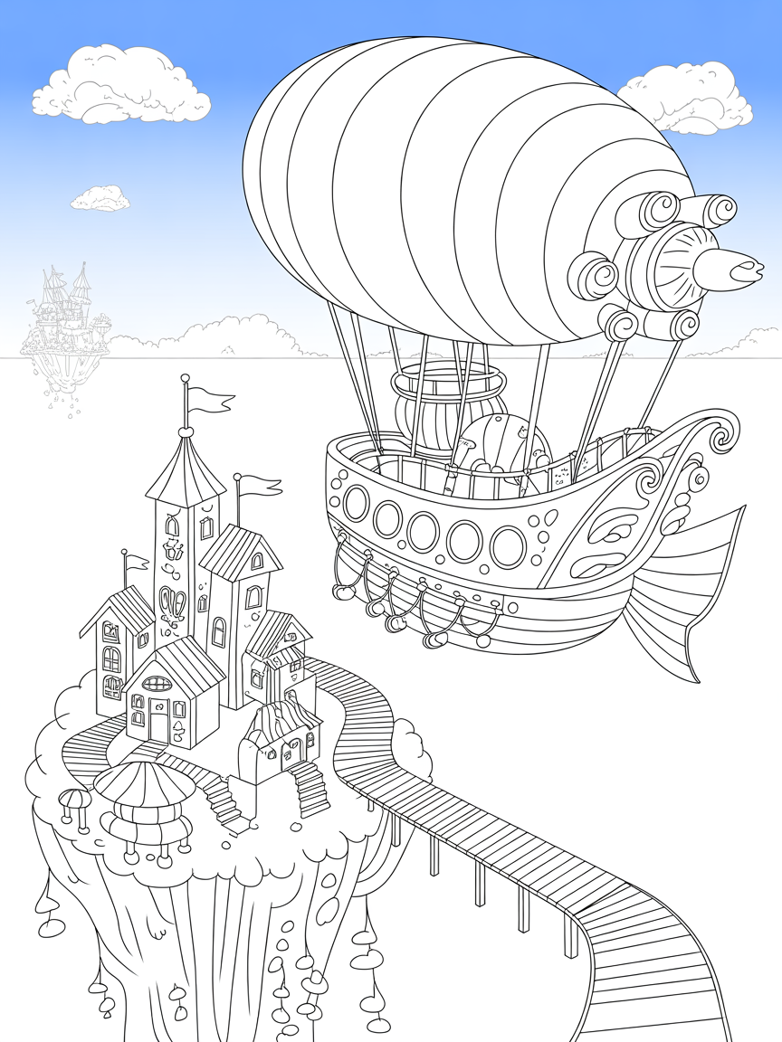 Fantasy airship docking at a floating island port - Free Coloring Page
