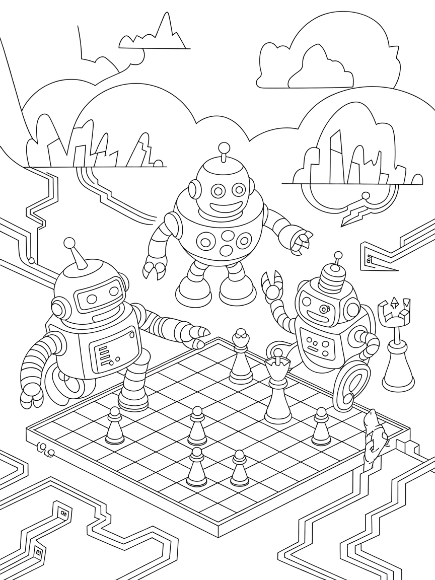 Robots playing chess in a digital landscape - Free Coloring Page