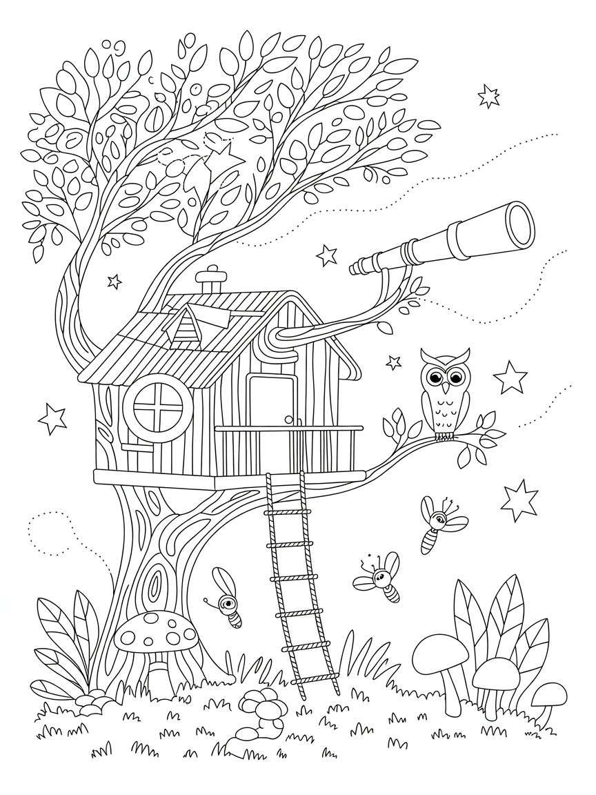 Magical treehouse with a telescope and stars - Free Coloring Page
