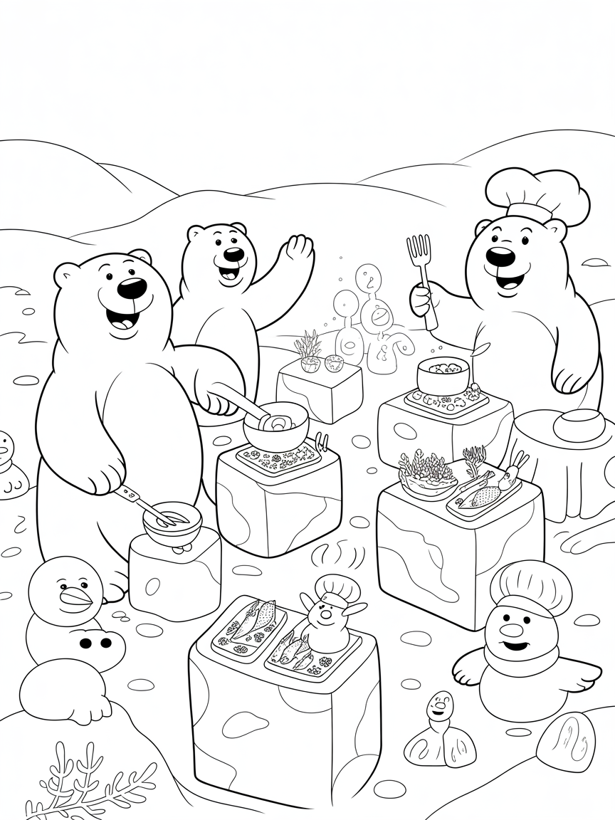 Polar bears having a cooking contest in the Arctic - Free Coloring Page
