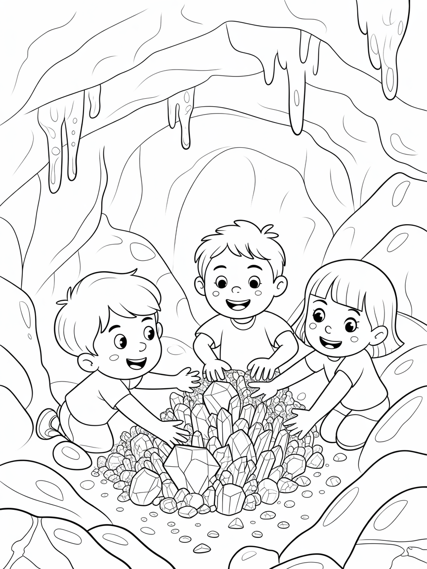 Children discovering gems in a sparkling cave - Free Coloring Page