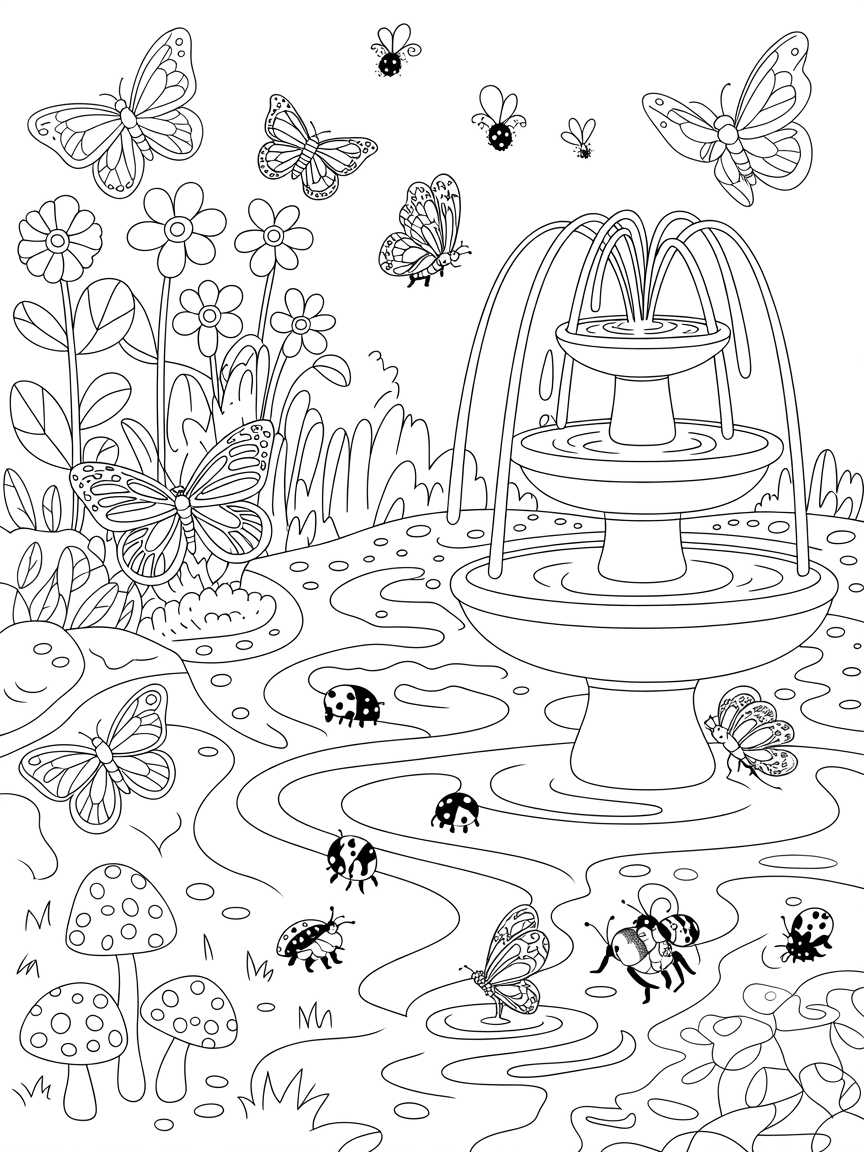 Butterfly garden with shimmering fountains - Free Coloring Page
