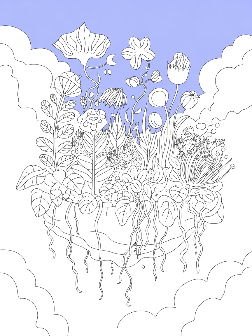 Floating garden with bioluminescent plants - Free Coloring Page