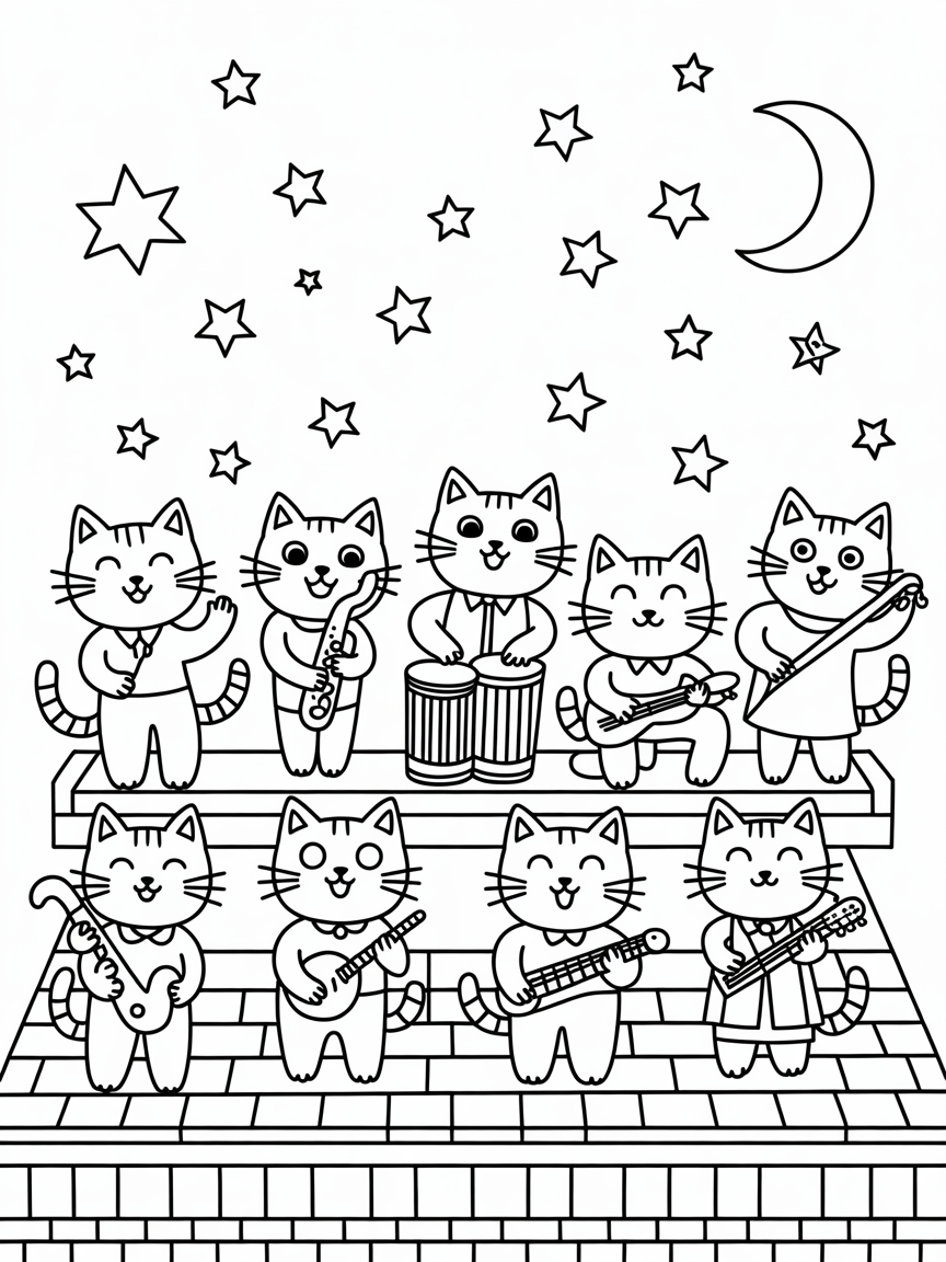 Cats hosting a rooftop jazz concert under the stars - Free Coloring Page
