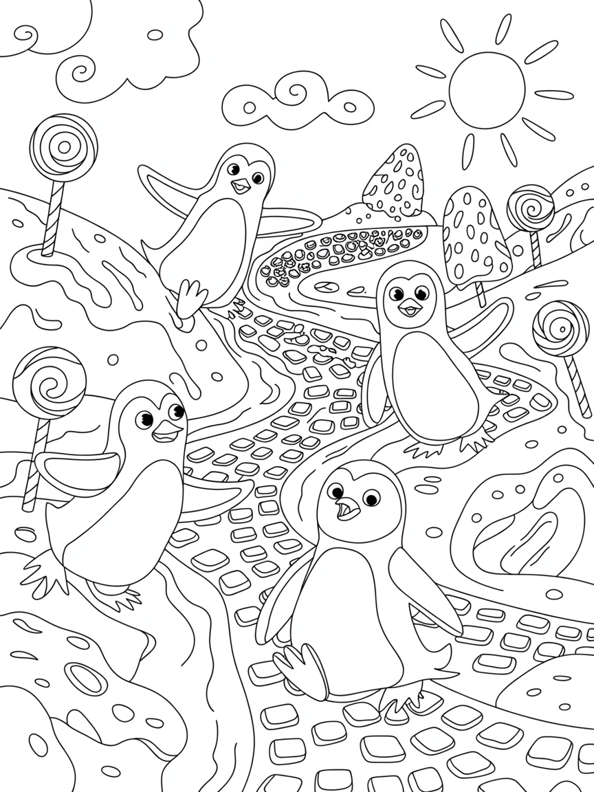 Space penguins exploring a colorful candy planet - Free Coloring Page