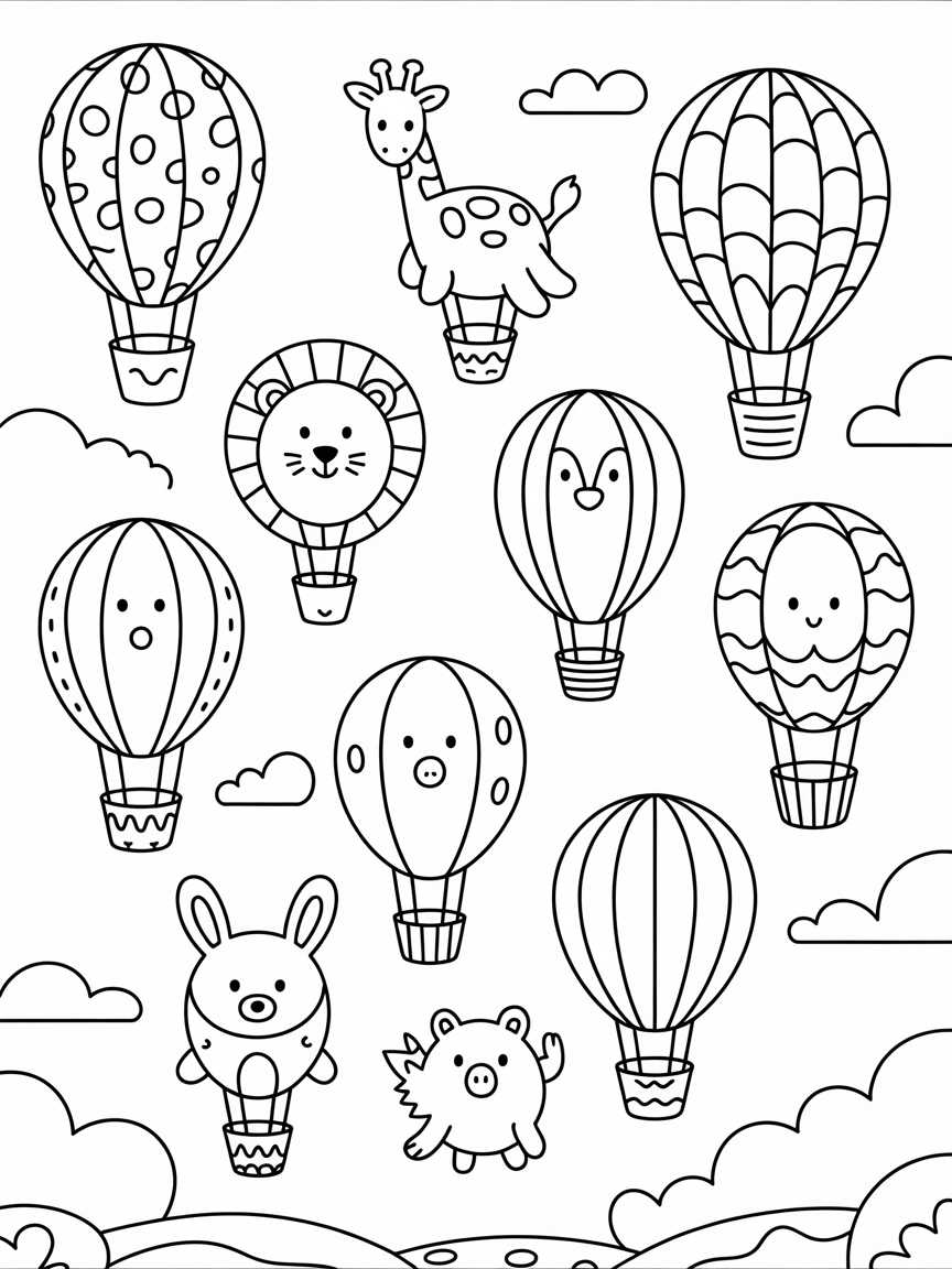 Whimsical hot air balloons shaped like animals in the sky - Free Coloring Page
