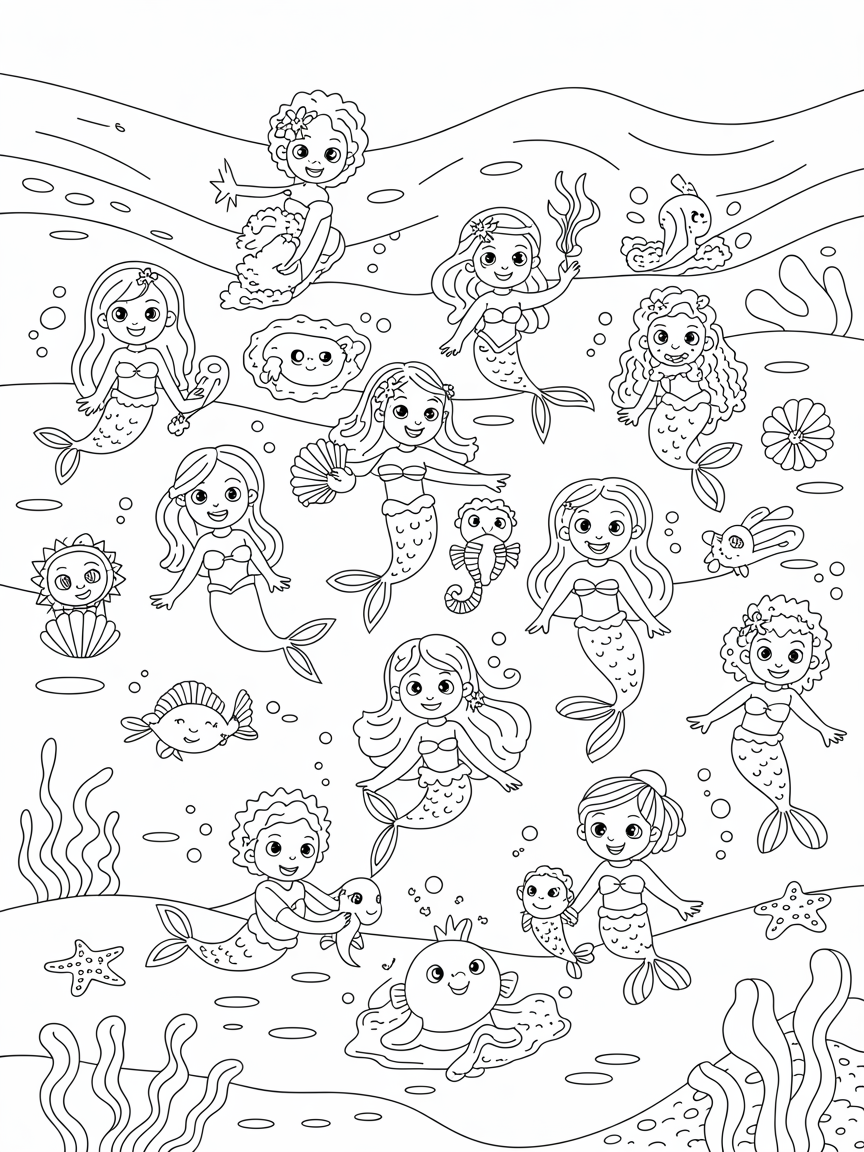 Underwater mermaids organizing a vibrant sea parade - Free Coloring Page