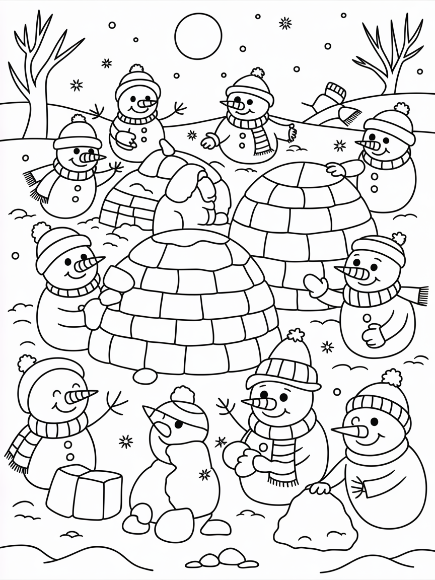 Snowmen building an igloo village gleaming in moonlight - Free Coloring Page