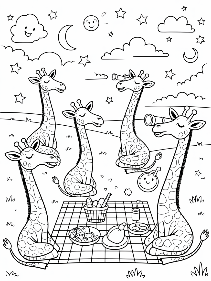 Giraffes hosting a stargazing picnic in the savanna - Free Coloring Page
