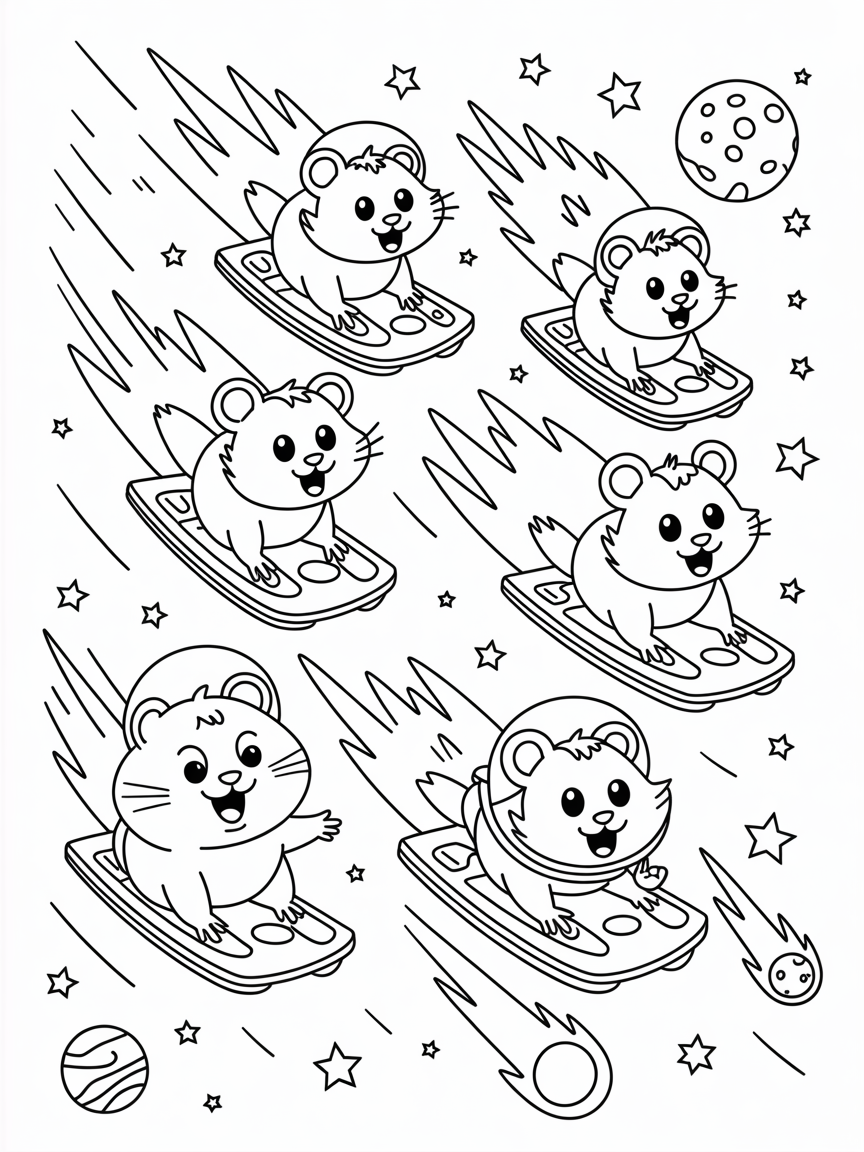 Space hamsters riding hoverboards through a meteor shower - Free Coloring Page