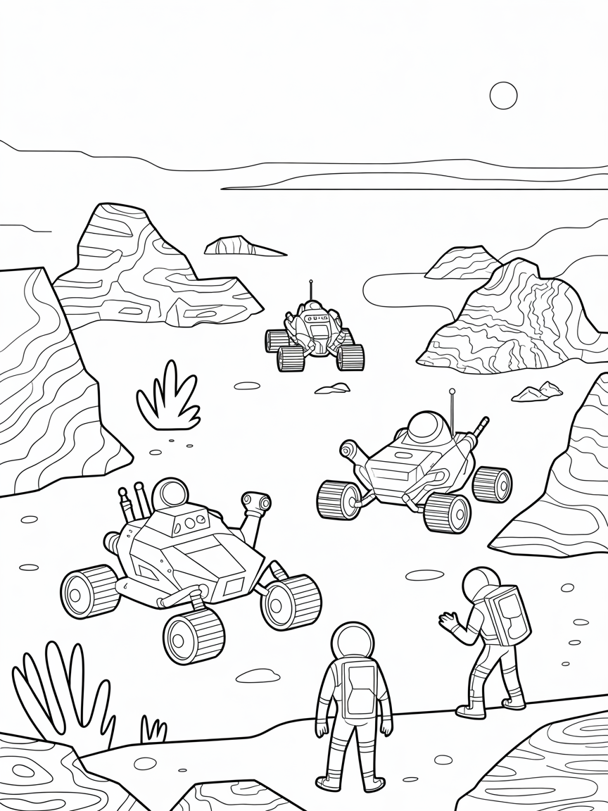 Martian landscape with futuristic Mars rovers and explorers - Free Coloring Page