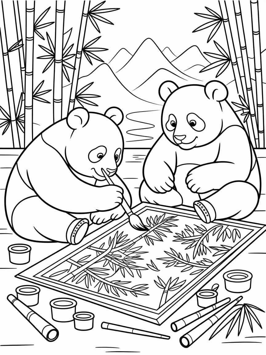 Giant pandas painting ancient bamboo scrolls - Free Coloring Page