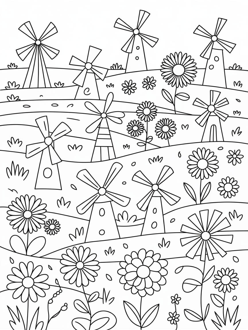Whimsical windmills dancing in a technicolor field - Free Coloring Page