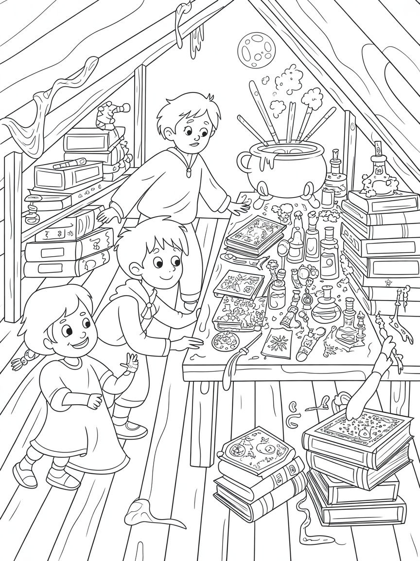 Children discovering a secret wizard workshop in the attic - Free Coloring Page