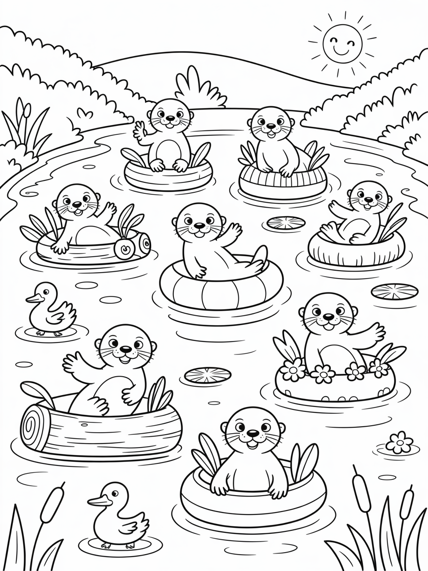 Sea otters having a float parade on a river - Free Coloring Page