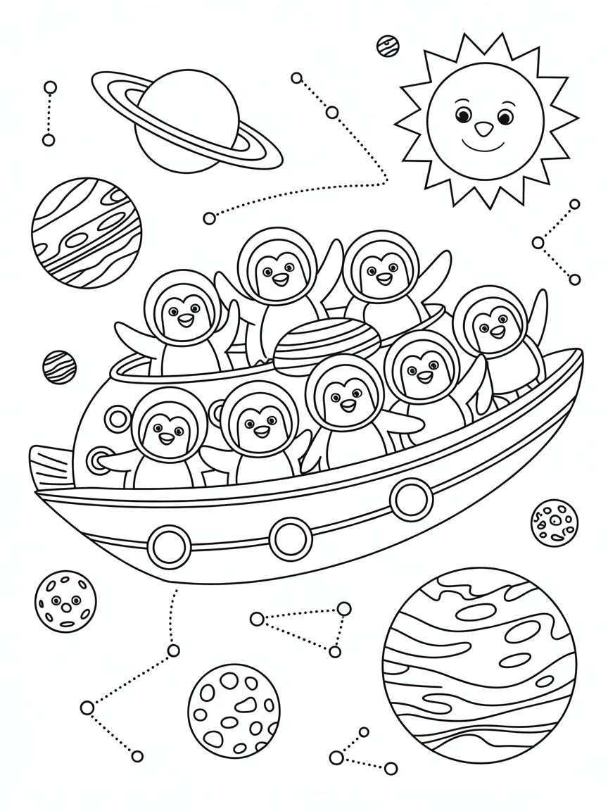 Penguins touring the solar system on a cosmic cruise - Free Coloring Page