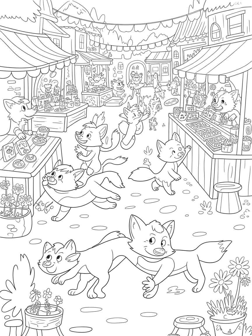 Foxes running a bustling market in a woodland town - Free Coloring Page