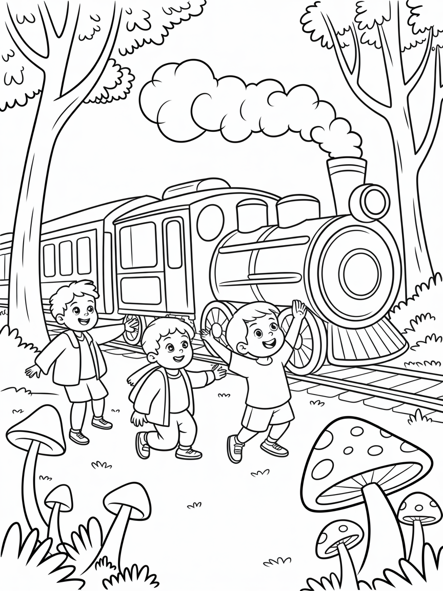 Children discovering a magical time-traveling train - Free Coloring Page