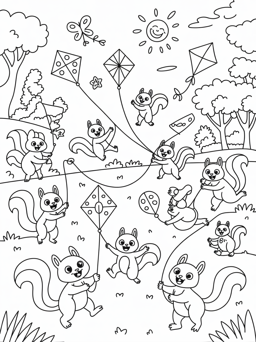 Friendly squirrels hosting a high-flying kite contest - Free Coloring Page