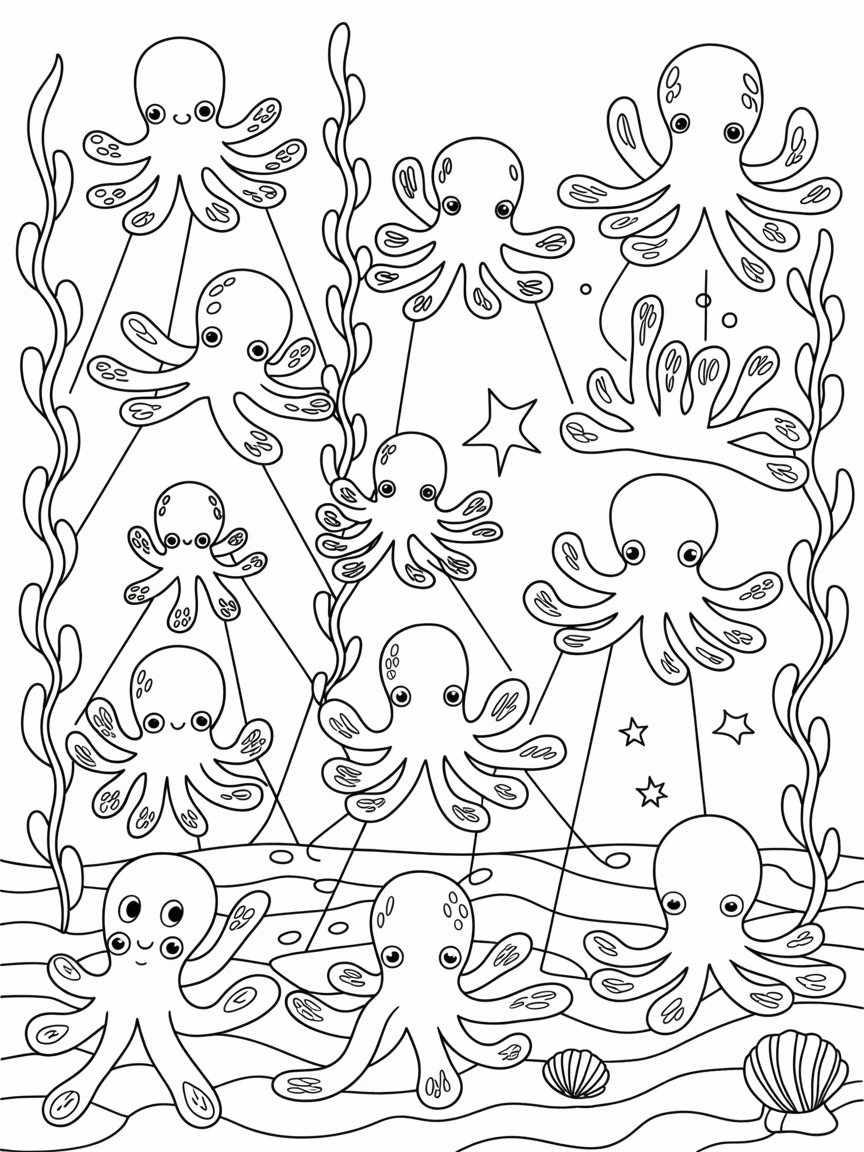 Octopuses creating a musical light show in a kelp forest - Free Coloring Page