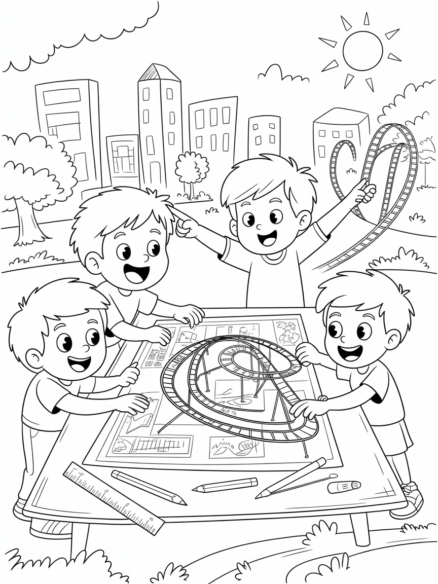 Children designing gravity-defying roller coasters - Free Coloring Page