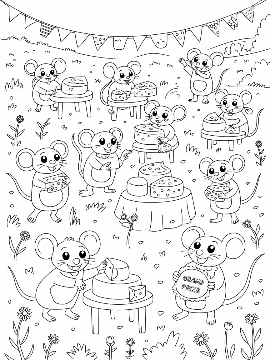 Mice organizing a cheese-tasting festival in a meadow - Free Coloring Page