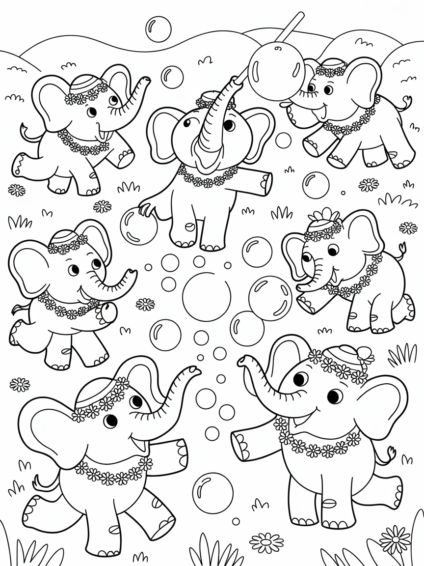Elephants hosting a bubble-blowing festival - Free Coloring Page