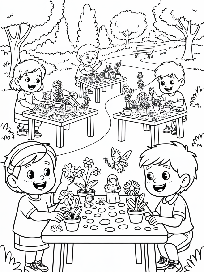 Kids crafting miniature fairy gardens in a park - Free Coloring Page