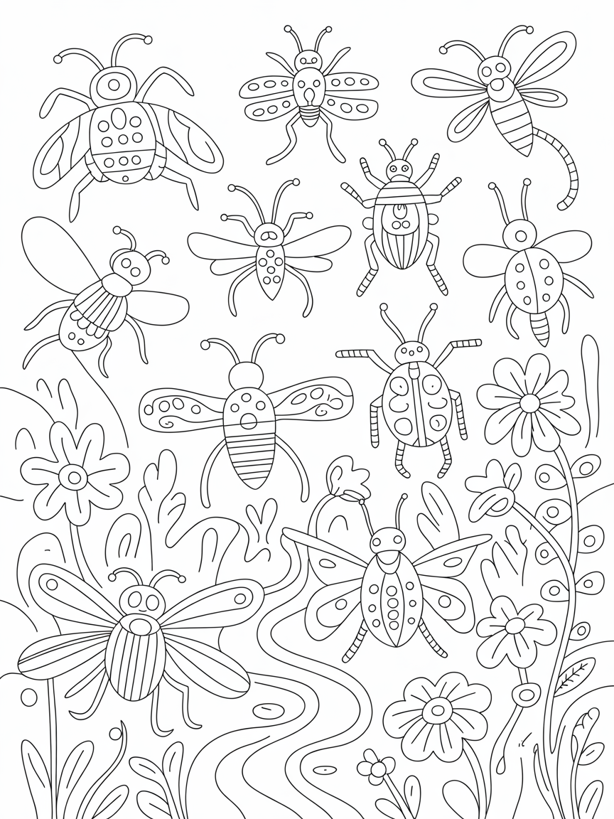Steampunk mechanical insects in a garden - Free Coloring Page