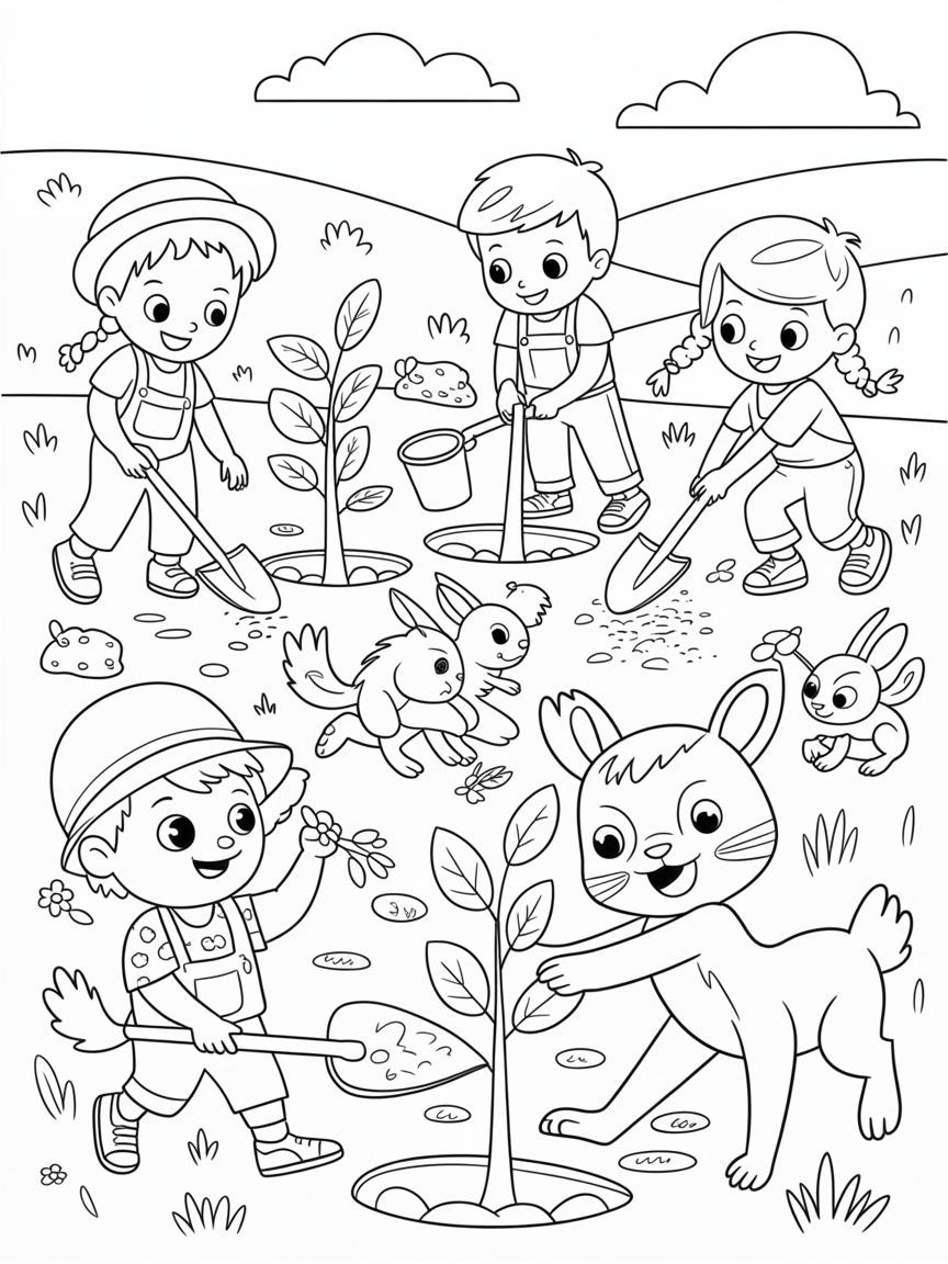 Children planting trees with wildlife friends - Free Coloring Page