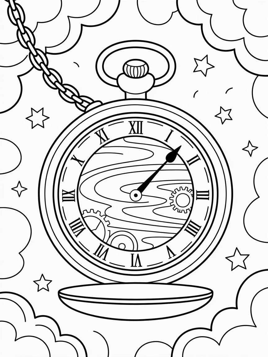 Magical pocket watch with shifting timelines - Free Coloring Page