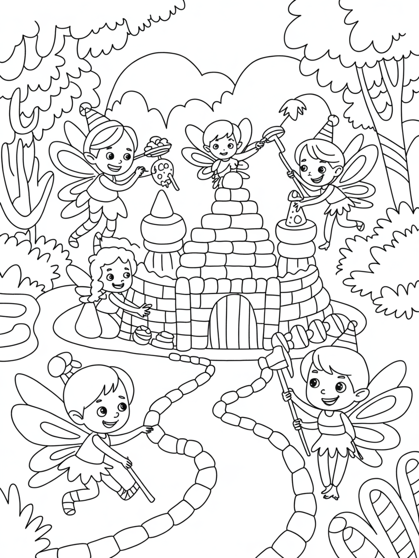 Fairies constructing a candy castle in a magical forest - Free Coloring Page