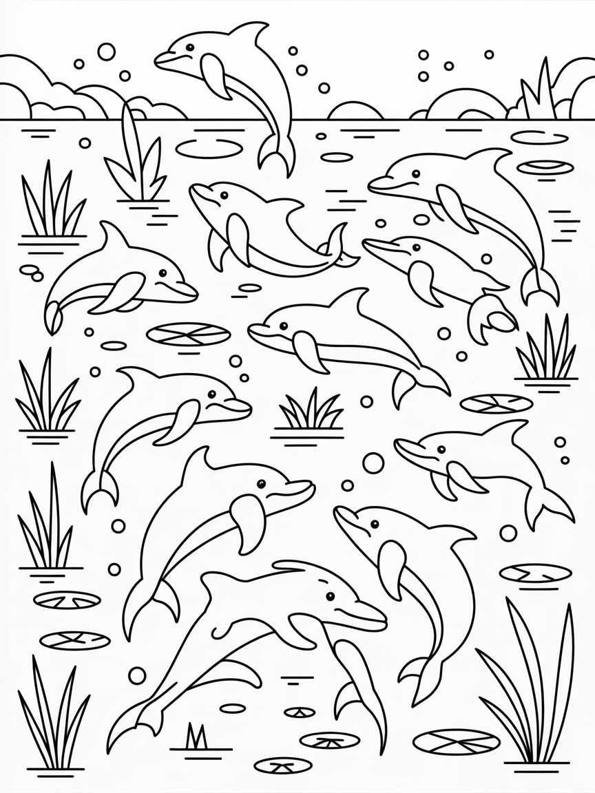 Dolphins putting on a synchronized swimming performance in a lagoon - Free Coloring Page