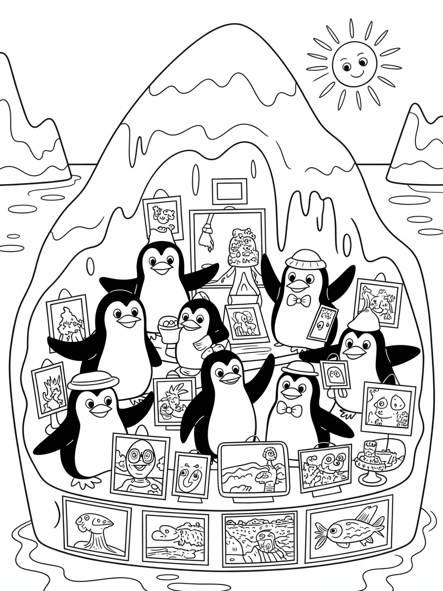 Penguins running a colorful art gallery on an iceberg - Free Coloring Page
