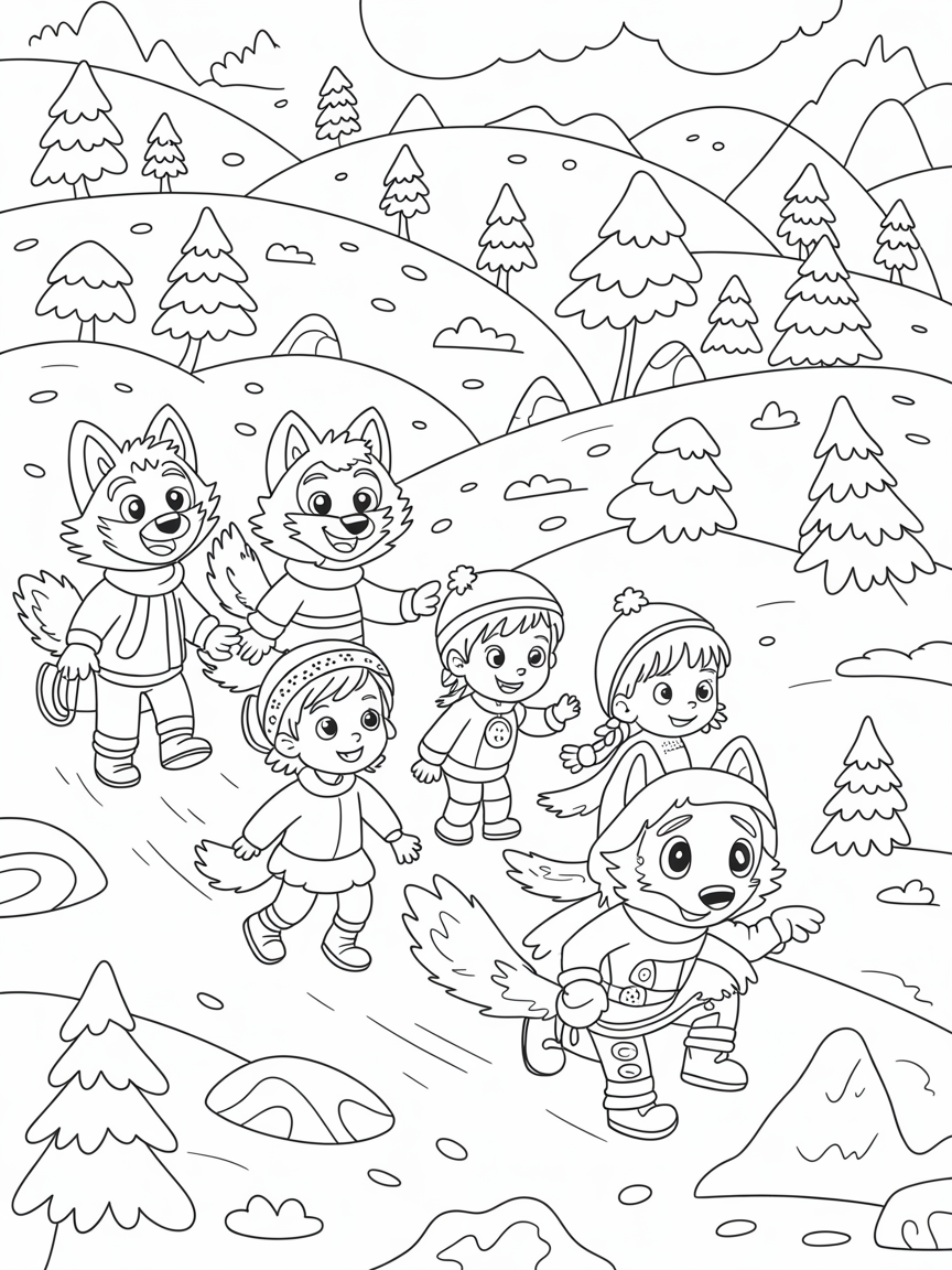 Magical wolves guiding children through a winter wonderland - Free Coloring Page