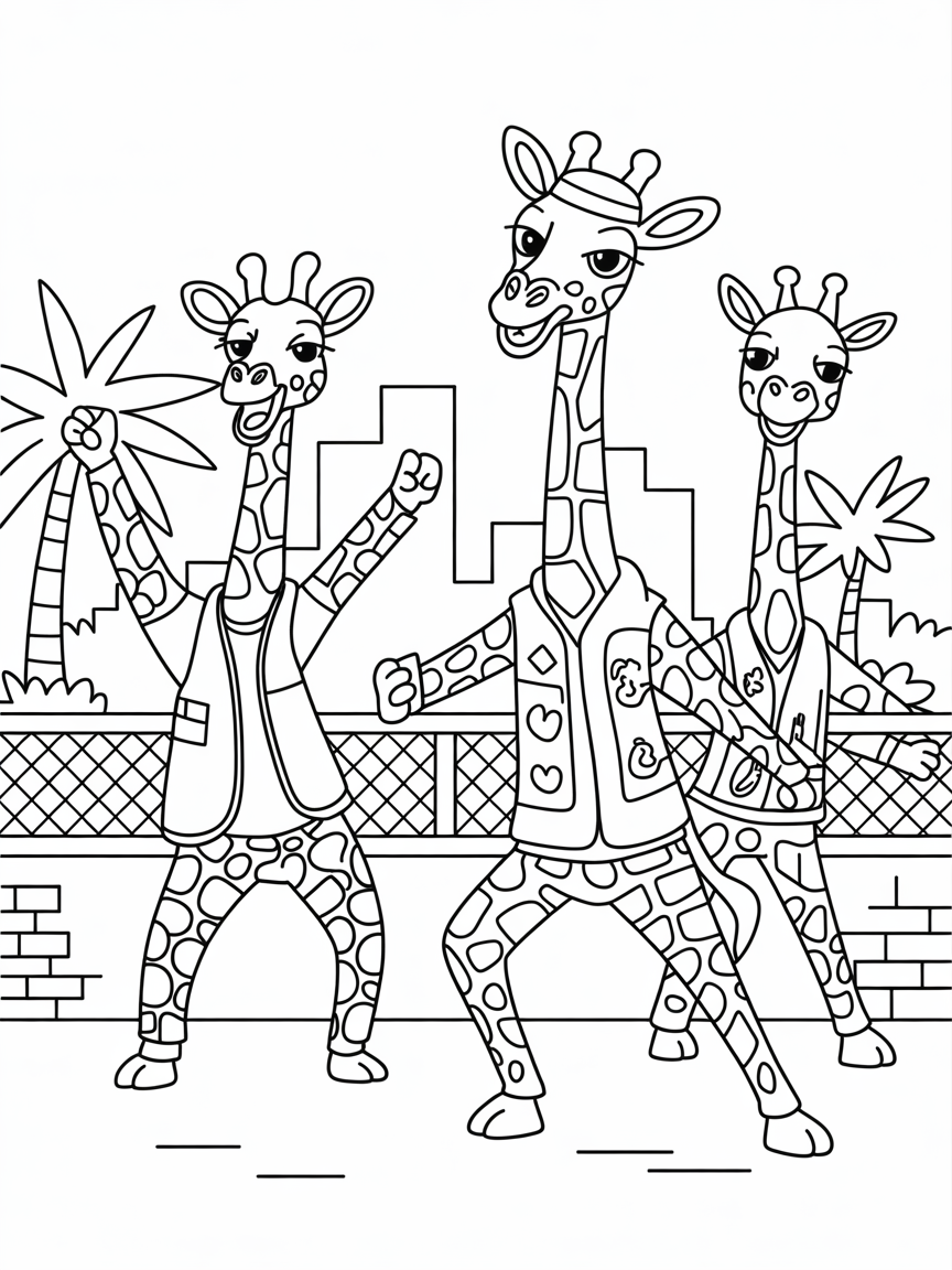 Hip-hop dancing giraffes in an urban zoo - Free Coloring Page