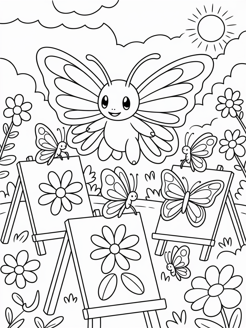 Butterfree teaching butterflies to paint garden canvases - Free Coloring Page